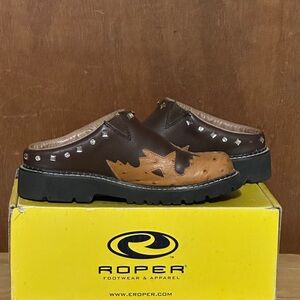 HTF Roper Two-Tone Leather Mules with Stud Accents
